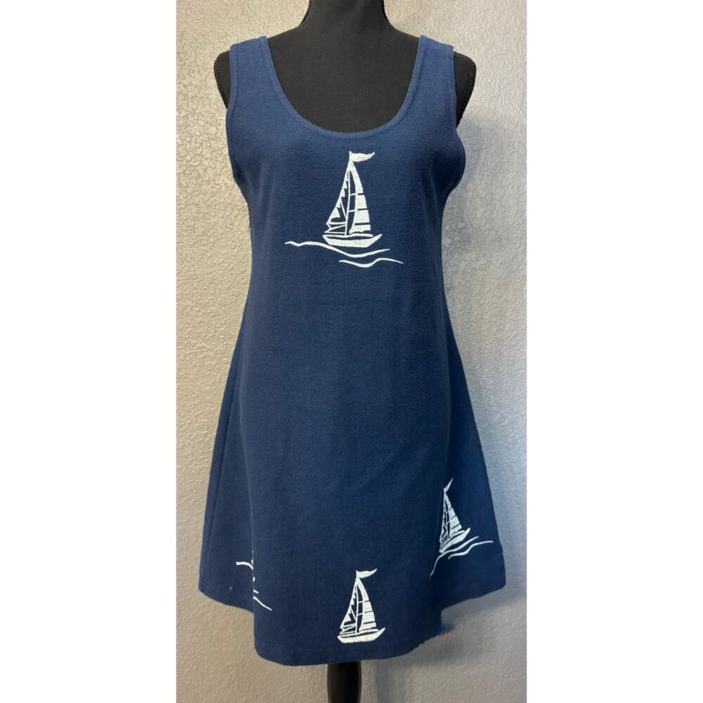 Easy Apparel Vintage Women’s Sz Small Blue Sailboat Cotton Blend Tank Sun Dress